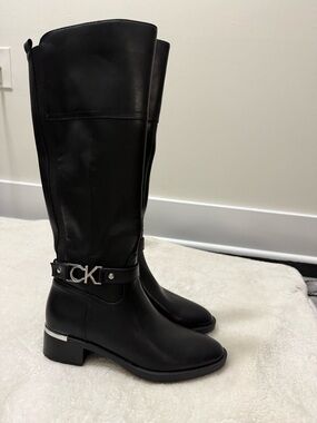 Calvin Klein Black Knee-High Leather Riding Boots with CK Buckle